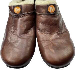 Merrell Slip On Mule Clog Comfort Shoes Sheepskin Wool Liner size 8.5 Bug Brown